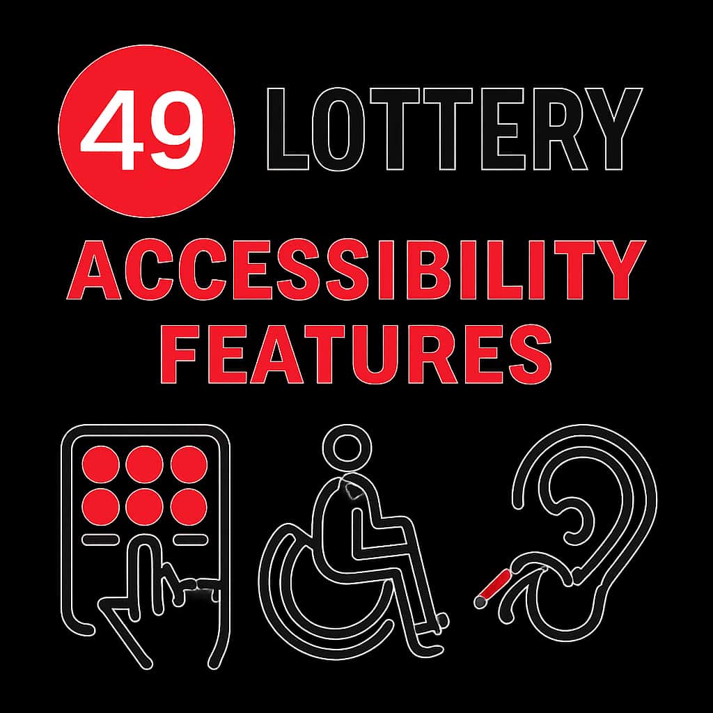 An educational illustration detailing accessibility features of the 49 Lottery platform.
